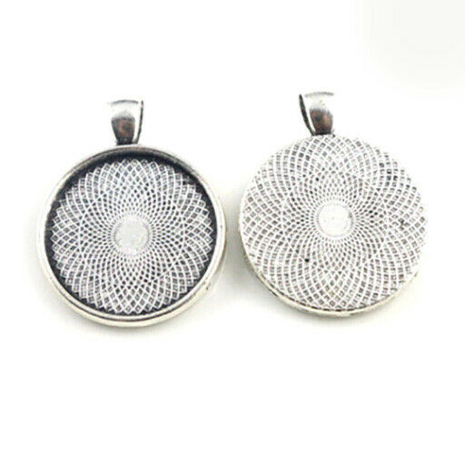 10 x 25mm / 1 inch Round Antique Silver Cabochon Bezel Pendant Tray