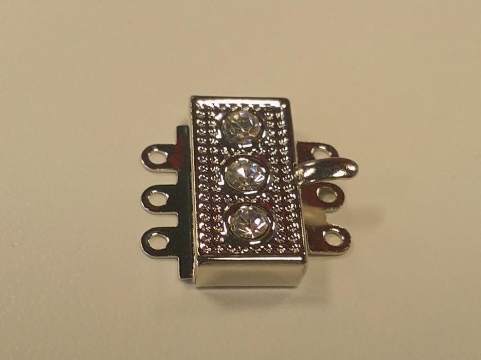 Textured Rhinestone multi strand Box Clasp with 3 rhinestones, Platinum, Brass