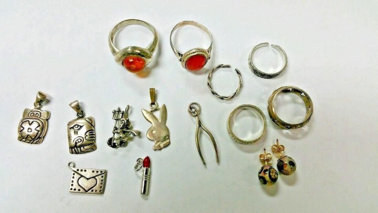PACKAGE OF 14 PCS. STERLING SILVER STAMPED 925, RINGS, EARRING, CHARMS