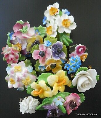 LOT OF 11 VINTAGE PORCELAIN FLOWER PINS, EARRING, FOR CRAFTS, TILE WORK, MIXED