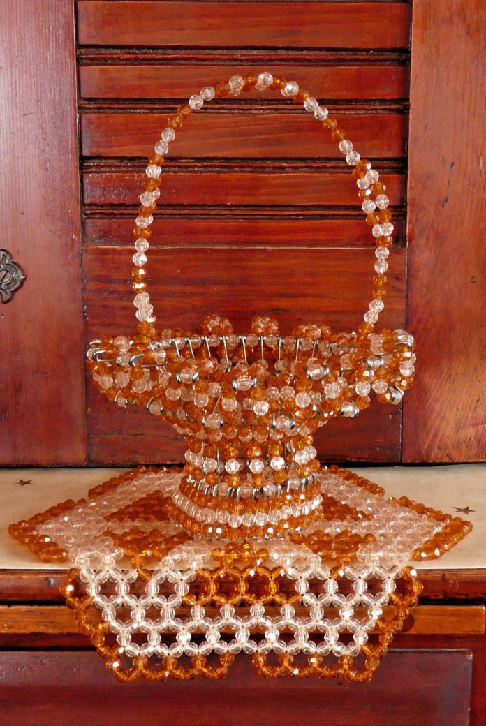 Retro Kitsch Decor 1970's Safety Pin Beaded Basket & Doily Amber & Clear Beads