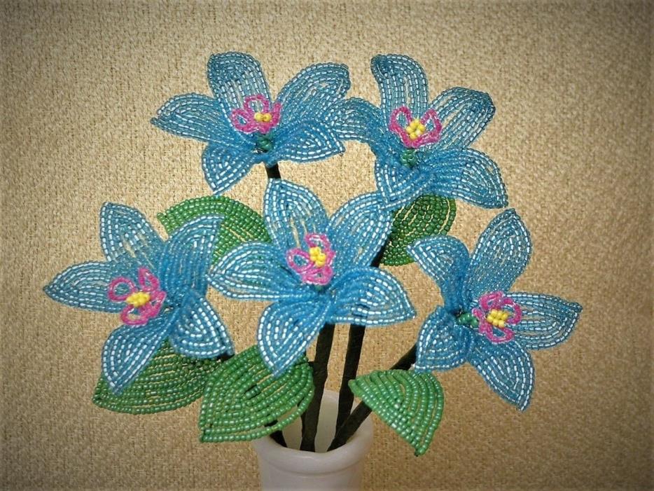 ** French Beaded Flowers ** 5 Aqua Blue Tropical Passion Flowers **