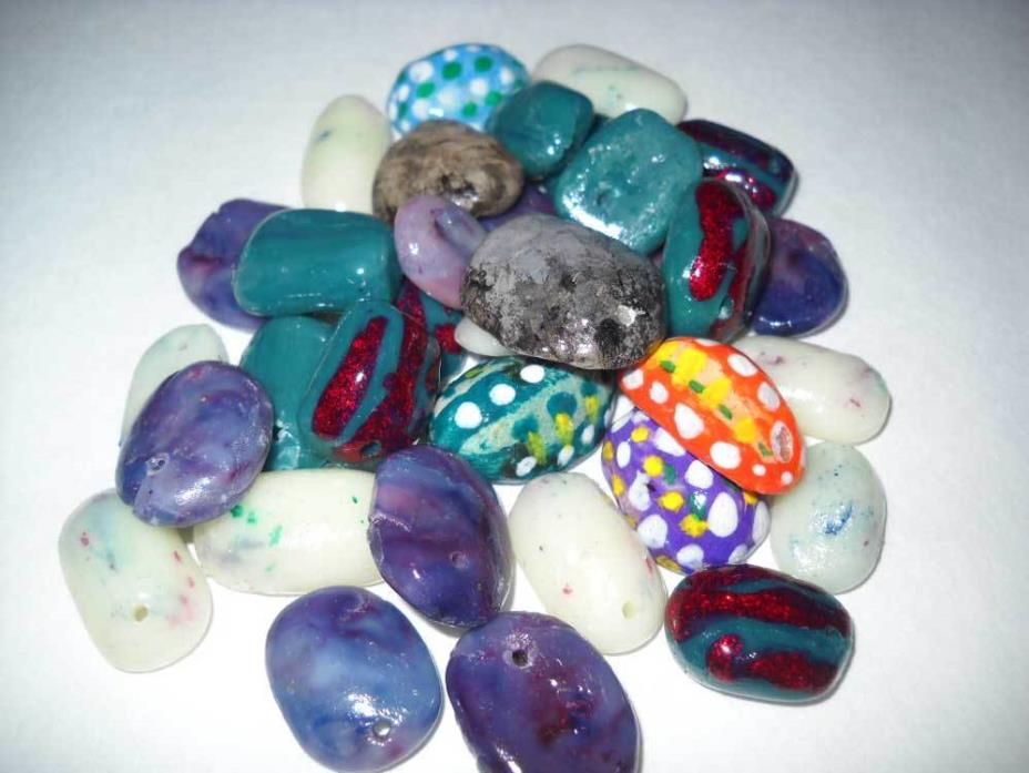 Set of 20 handmade beads, made of clay, for DIY projects, have one sewing hole,