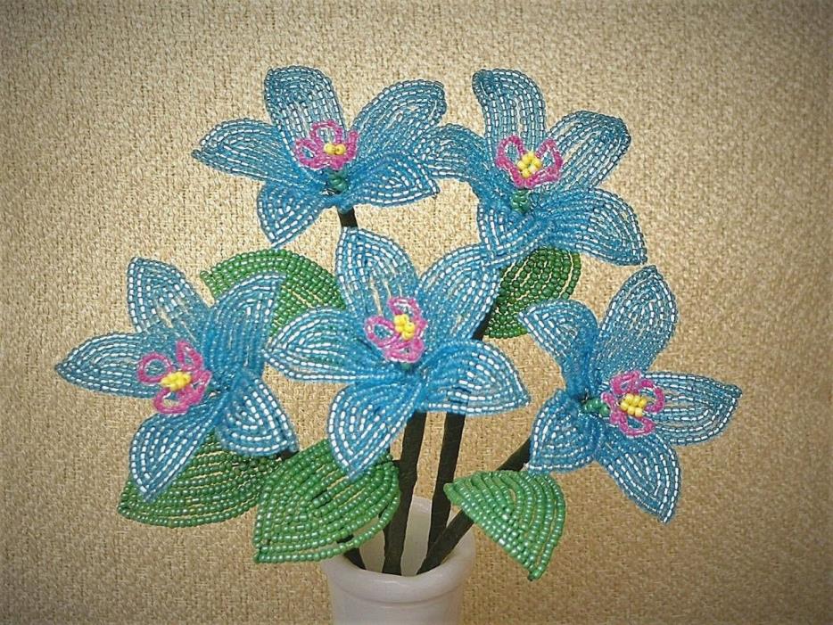 ** French Beaded Flowers ** 5 Aqua Tropical Passion Flowers **