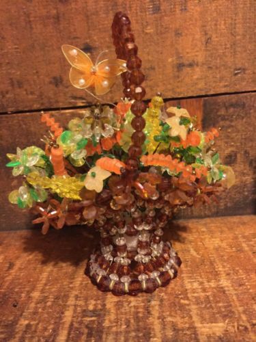 Beautiful Hand Made Beaded Basket Flower Stems Butterfly Plastic Beads