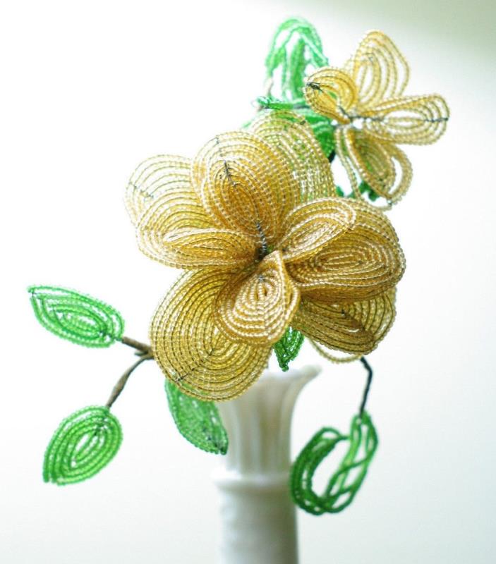 Vintage French Glass Seed Hand Beaded Wire Flowers & Leaves