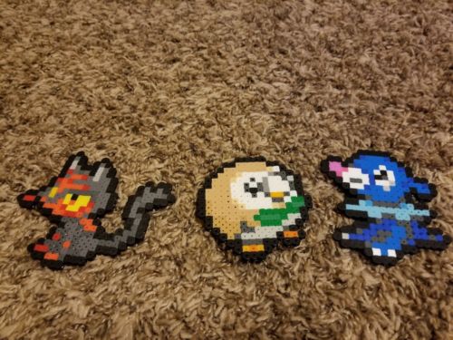 Pokemon Sun and Moon Starters - Rowlet Litten Popplio Perler pixel art