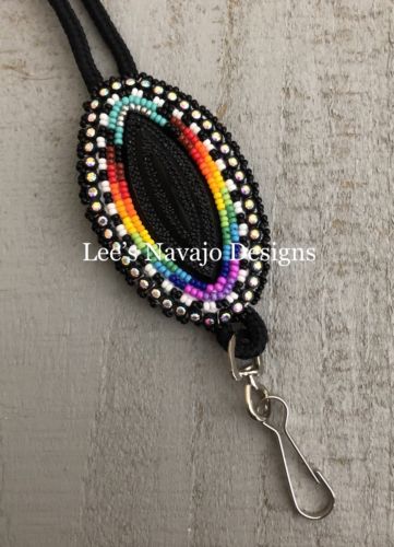 Native American Beaded Black Horse Eye ID Badge Lanyard