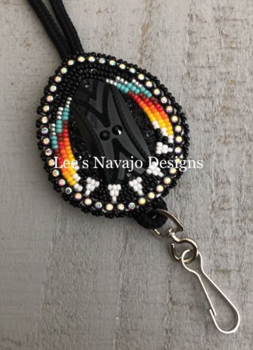 Native American Beaded Black Tear Drop ID Badge Lanyard