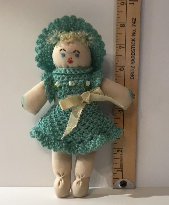 PT48, Primitive Handmade Doll, Crocheted Dress, Hat & Bloomers