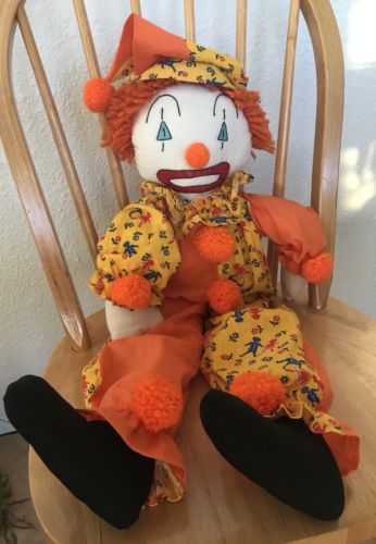 Handmade Vintage Stuffed Clown Embroidered Face Orange Yellow Suit Hat Pom Poms