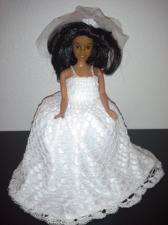 Bride doll wedding dress & veil Hand crocheted white satin dress TP holder cover