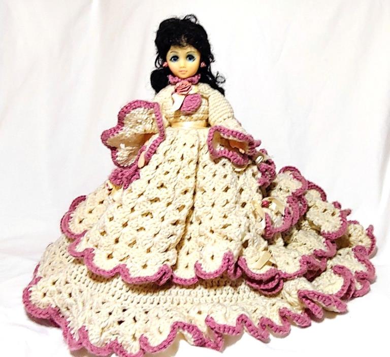 Vintage Crochet Bed Doll Handmade Cream w/ Purple Trim Handbag Brunette
