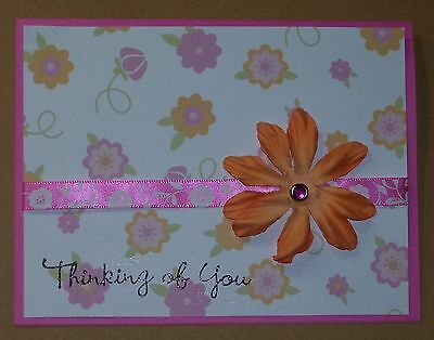 Handmade Thinking of You Greeting Card~Stamped~Pink and Peach Flowers