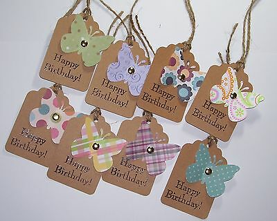 Set of 8 Handmade Happy Birthday Gift Tags, Butterflies, Stamped~