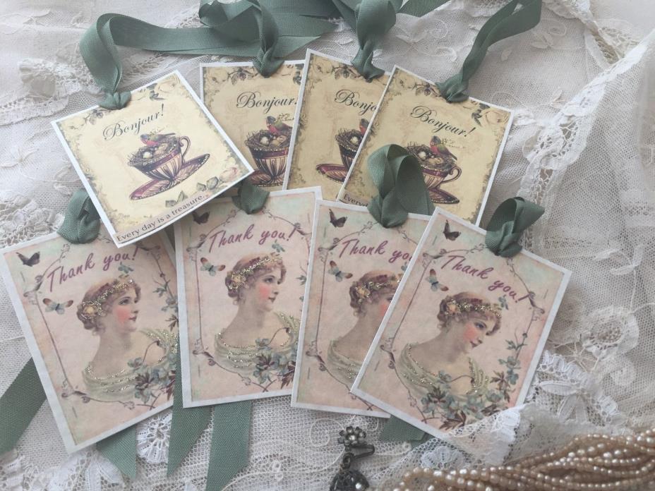 ~ VINTAGE Thank YOU Bonjour EVERY Day is a TREASURE Tags  ~