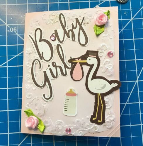 Baby Girl Card Pink Velum Embossed Sprinkles Of Gold Sweet Roses. Handmade