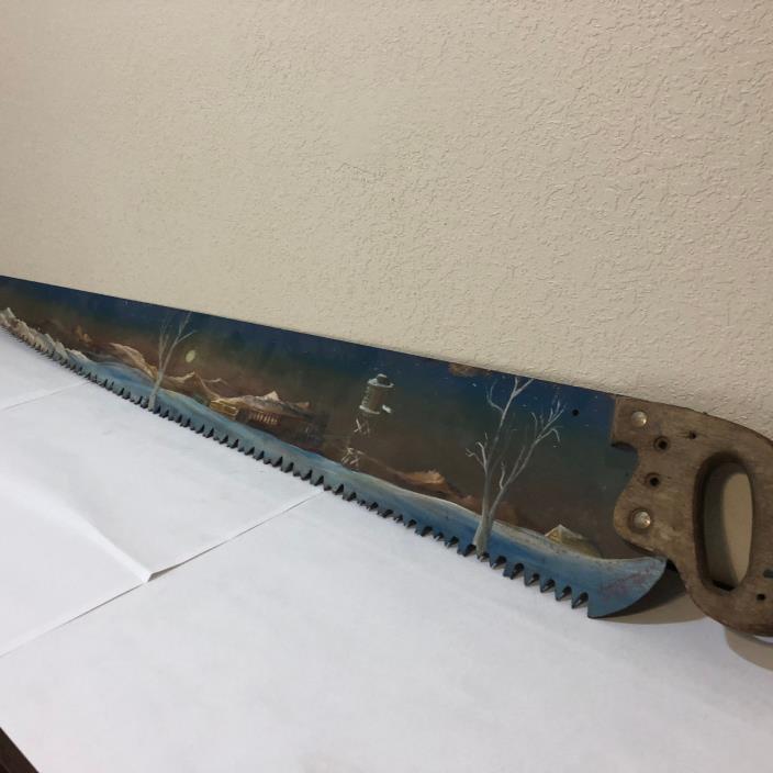 ANTIQUE, HAND SAW PAINTED  WITH BEAUTIFUL, NIGHT WINTRY SCENE APPROX 50