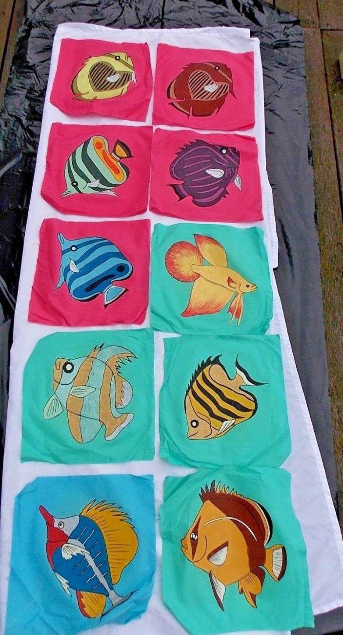 VTG LOT 23 HAND PAINTED TROPICAL FISH COTTON FABRIC SQUARES QUILT CRAFT