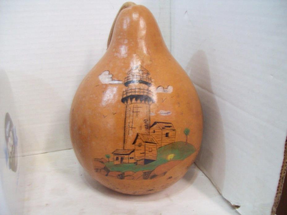 Lighthouse Painted Gourd, Signed by Artists, 10