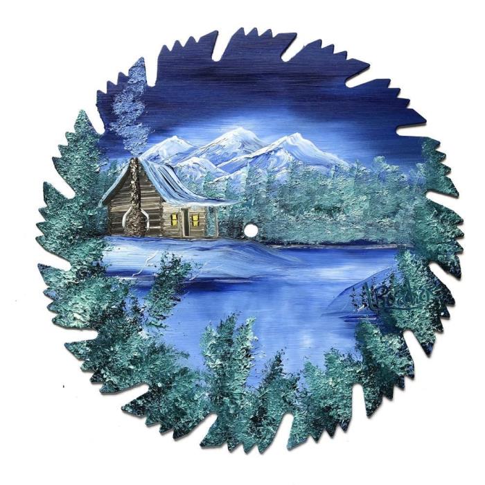 Hand Painted Saw Blade Art Mountain Winter Blue Log Cabin