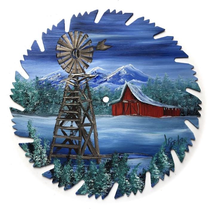 Hand Painted Saw Blade Art Mountain Winter Blue Red Barn Windmill 9  Inch