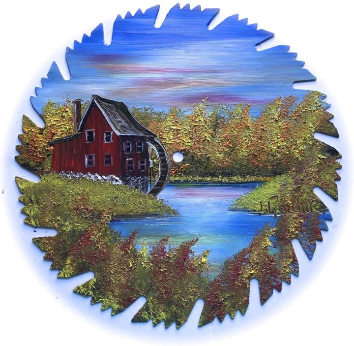 Hand Painted Saw Blade Art Fall Red Grist Mill