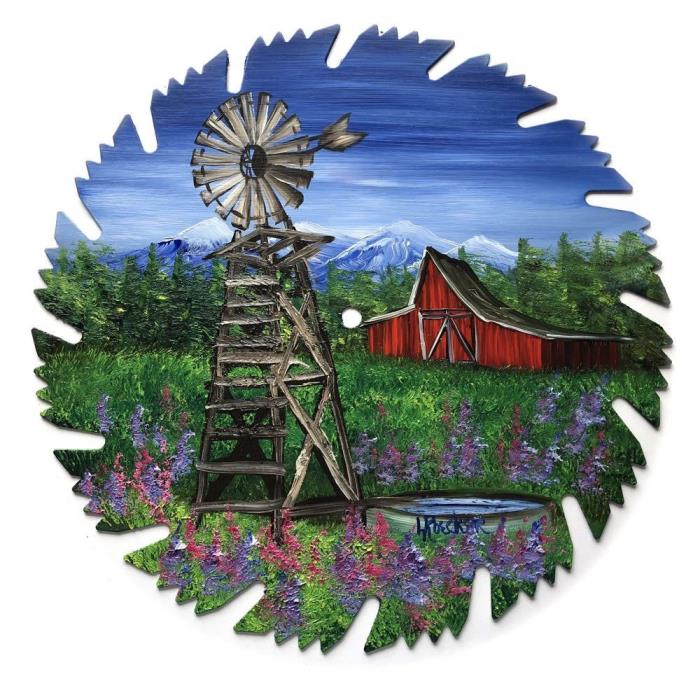 Hand Painted Saw Blade Art Mountain Summer Red Barn Windmill 9  Inch