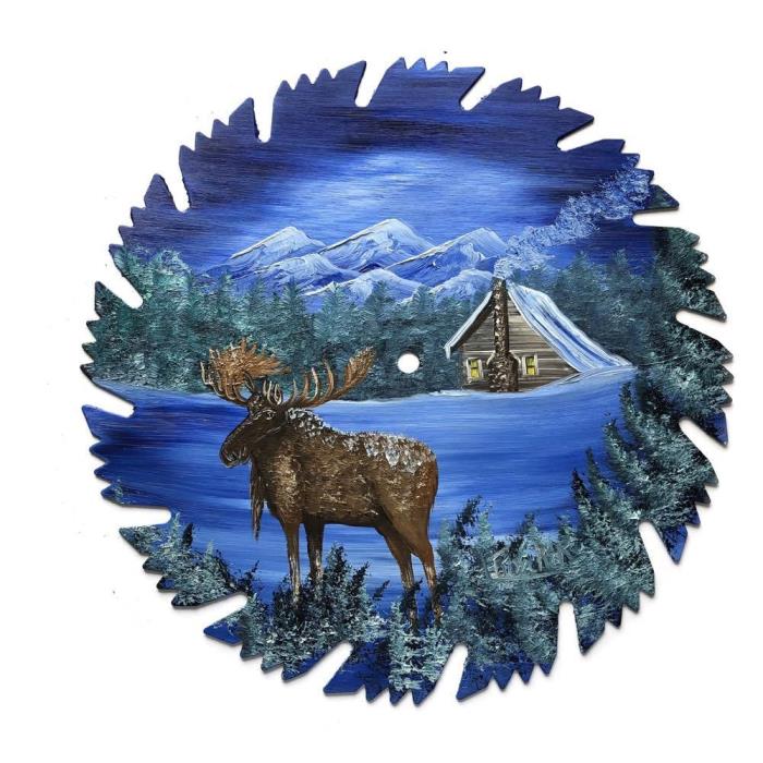 Hand Painted Saw Blade Art Mountain Log Cabin Winter MOOSE 9 1/4 Inch