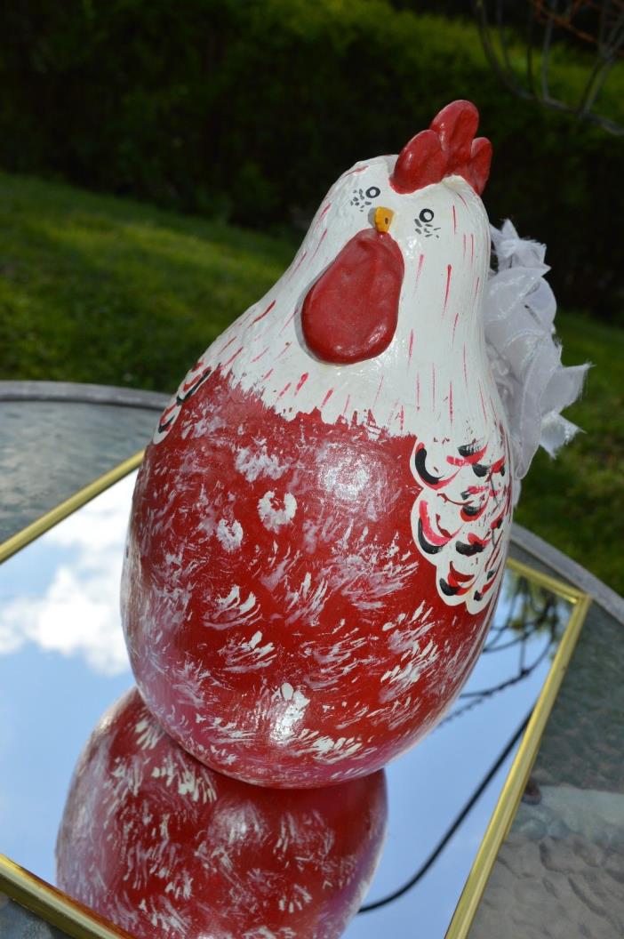 Hand Painted Primitive Folk Art Rooster Doll Gourd  Red & White