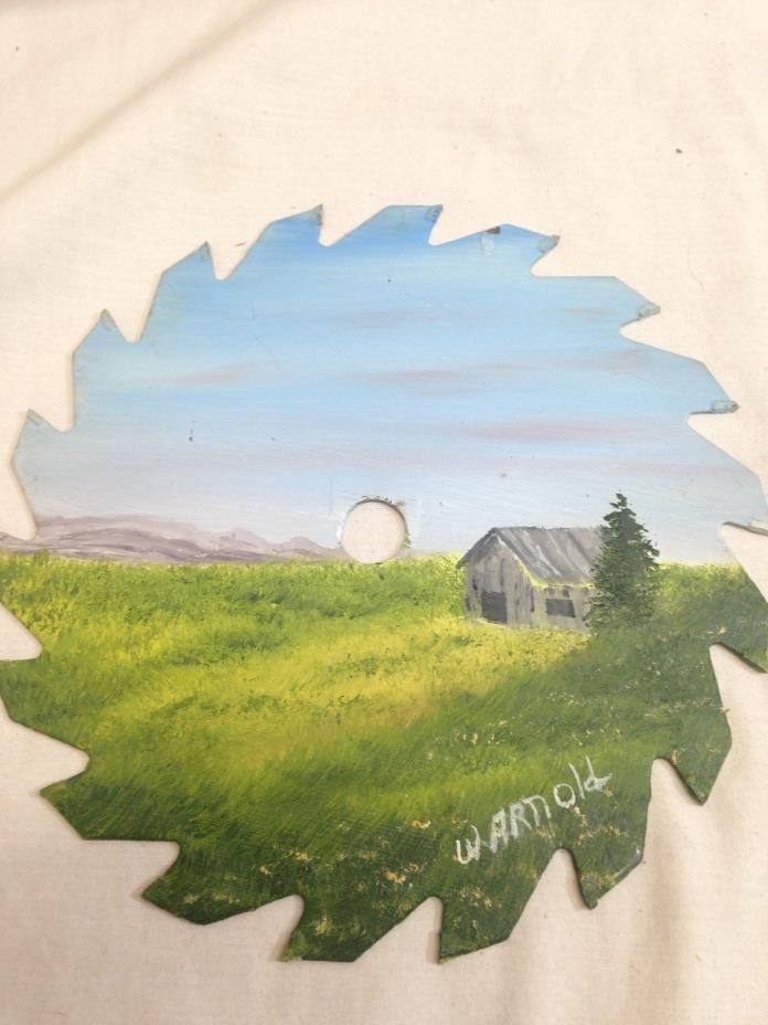 Painted Circular Saw Blade, Farmhouse and Mountain Lake