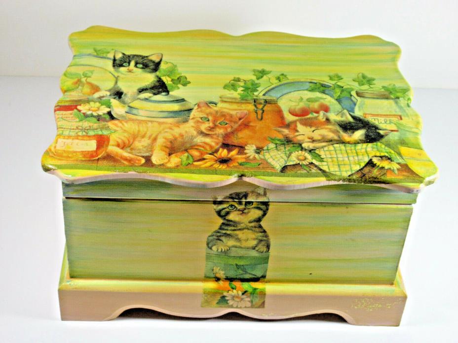 Handpainted Wood Shabby Chic Decoupage Lacquer 3D Storage Box Kittens Cats