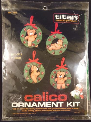 RARE Vintage 1984 Titan Calico Ornament Kit Set of 4 Teddy Bears on Wreaths #402