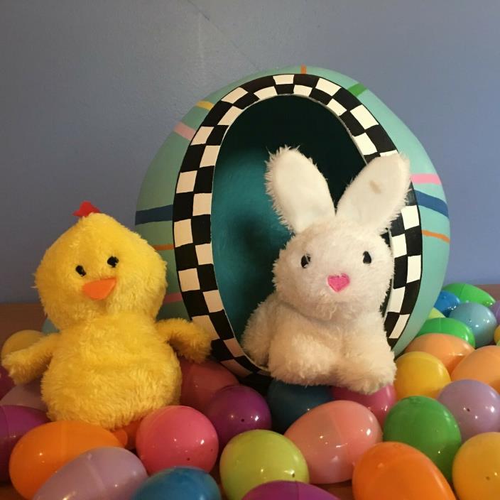 Easter painted gourd table decoration with eggs, bunny and chick