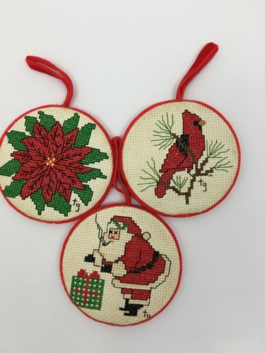 Cross Stitch Christmas Round Completed Needlepoint Ornaments Poinsetta Cardinal