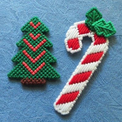 Handmade Christmas Candy Cane and Tree Magnets -  Plastic Canvas & Yarn