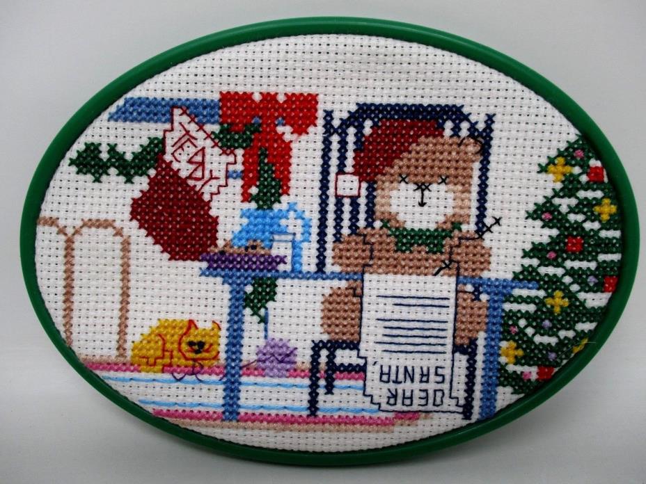 Vintage Christmas Cross Stitch Finished and Framed Teddy Bear