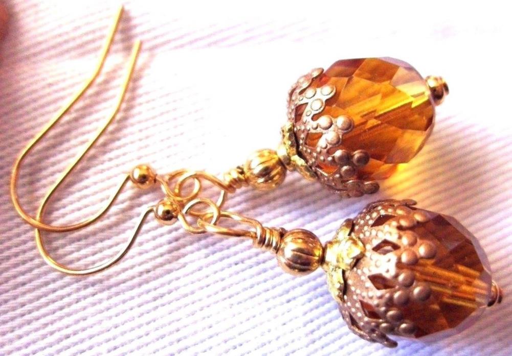 Long Tall EARRINGS Amber Topaz Gold Hooks Kirsten USA Made Gift w Bag