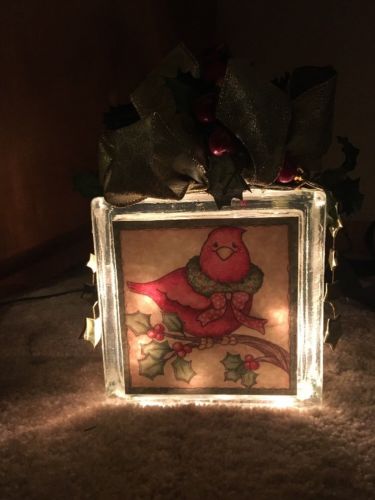 Holiday Cardinal Christmas Glass Block Lamp Gift Festive Cute Homemade