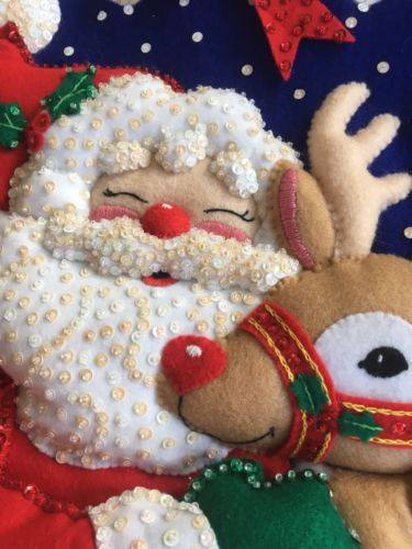 Large Bucilla Santa Rudolph Felt Christmas Stocking Jeweled Finished Completed