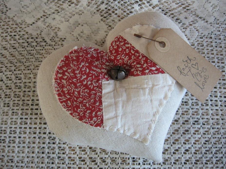 Handmade Primitive Valentine Heart with Vintage Quilted Heart,Rusty Bell & Tag