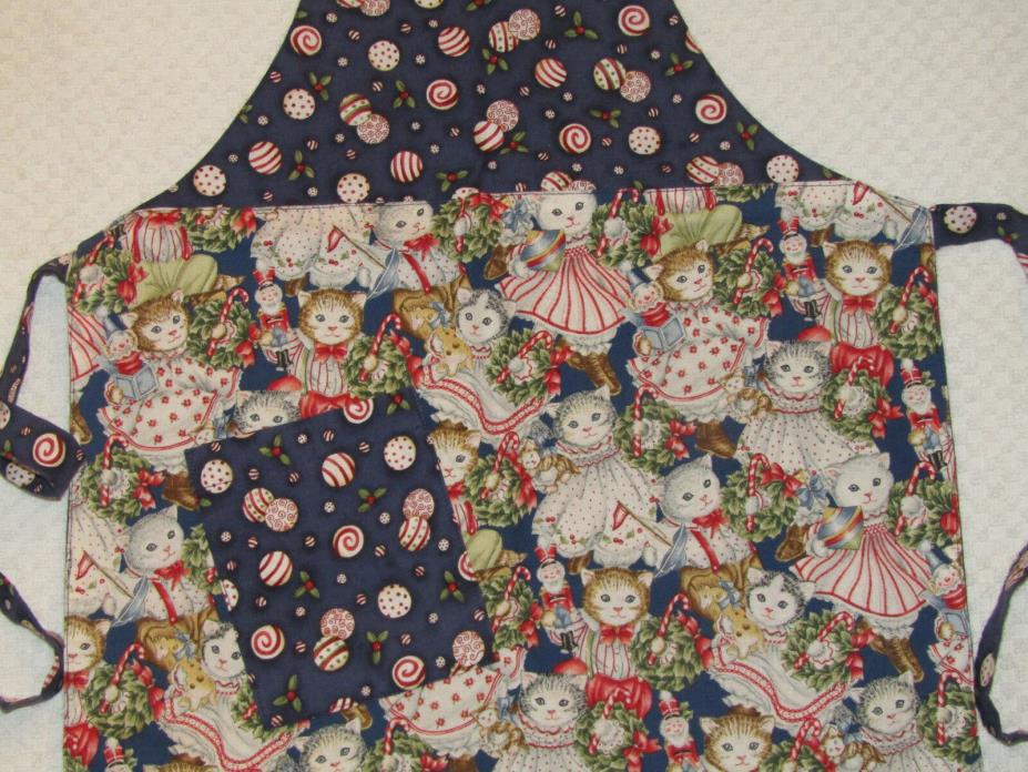 CHILD'S CHRISTMAS FULL APRON 2 Fabrics ~Lined~ Kittens in Clothing w/Toys Blue