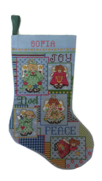 Handmade Cross Stitched Christmas Holiday Stocking Personalized SOFIA Joy Peace