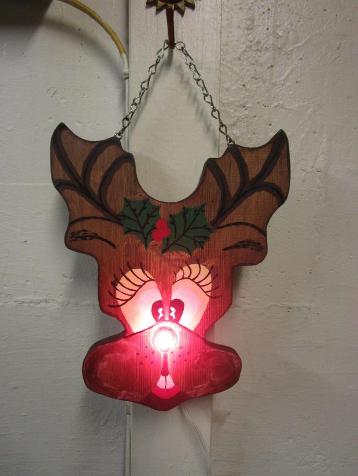 Vintage Wooden lighted Rudolph the Red Nosed Raindeer wall plaque