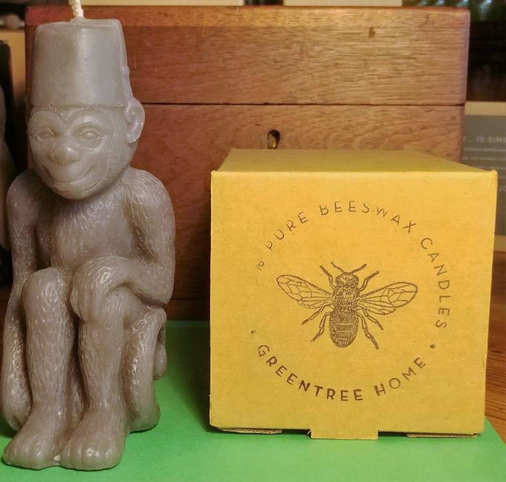 Beeswax Candle Handmade by GreenTree Home ('Monkey w/Fez - 35 hour burn time)