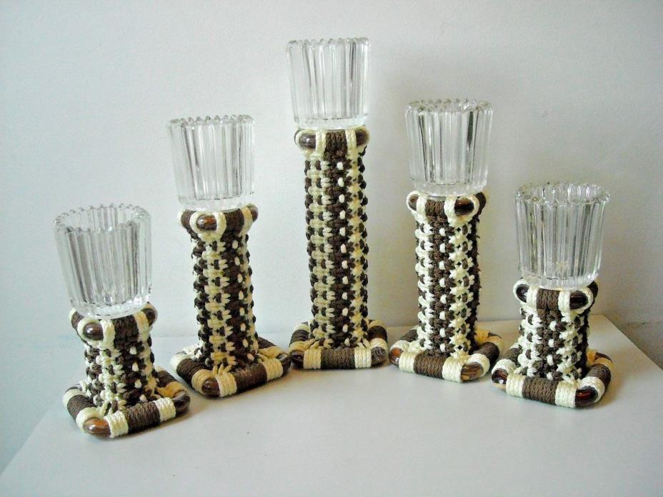 5 Handmade Macrame Candlesticks Brown & Off-White Clear Glass Votice Cups on Top