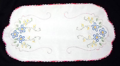 Vintage Dresser Scarf/Runner Hand Embroidered Blue Flowers /Crocheted Pink Edge