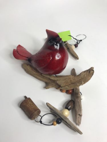 Unique Gift Handmade 32” Windchime Cardinal 6x8” Resin Bird Beads Driftwood