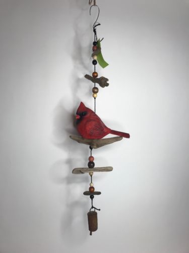 Unique Gift Handmade 30” Windchime Cardinal 5x7” Resin Bird Beads Driftwood