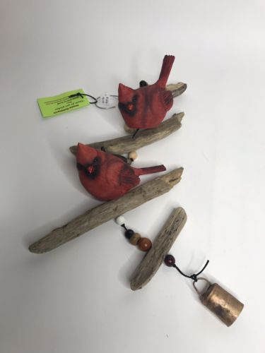 Unique Gift Handmade 30” Windchime Cardinal 5x5” Resin Bird Beads Driftwood